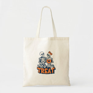 Hes My Treat Skeleton Matching Couple Halloween Tote Bag