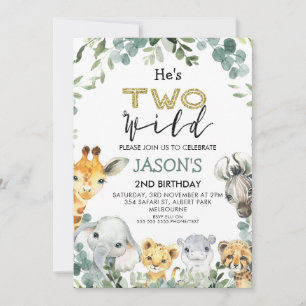 He's Two Wild Foliage Safari 2nd Birthday Invitation