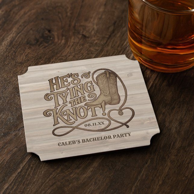 He's Tying the Knot Cowboy Boot Bachelor Party Paper Coaster (Creator Uploaded)