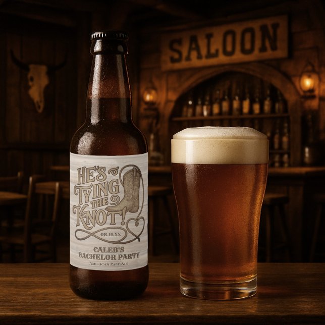 He's Tying the Knot Rustic Cowboy Bachelor Party Beer Bottle Label (Creator Uploaded)