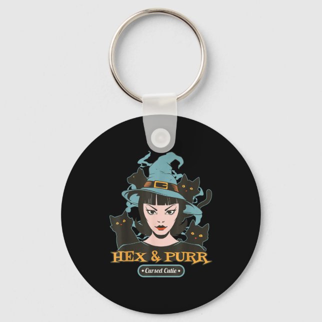 Hex &amp; purr cutie witch cat retro gothic key ring (Front)
