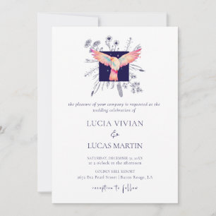 Hex Blue Monogram Forest Flying Bird Wedding Invitation