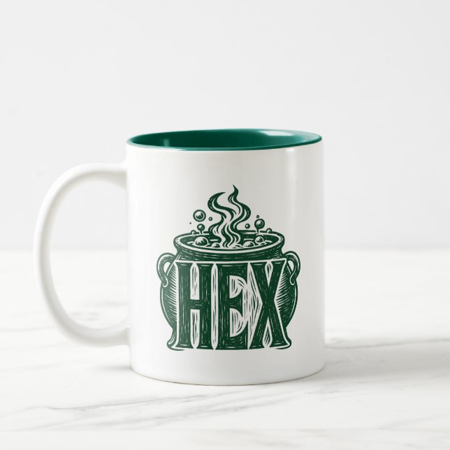 Hex Cauldron Halloween Linocut Design Two-Tone Coffee Mug (Left)