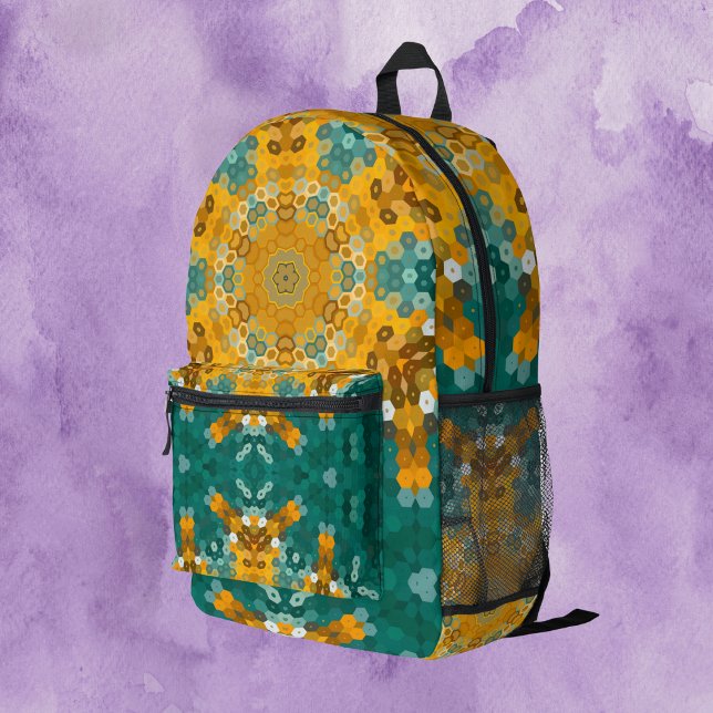 Hex Mandala Blue and Yellow Printed Backpack (Creator Uploaded)