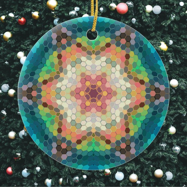 Hex Mandala Blue Green and Pink Ceramic Tree Decoration (Blue Green and Pink Hexagon Mandala Christmas Ornament from Wormhole Orbital)