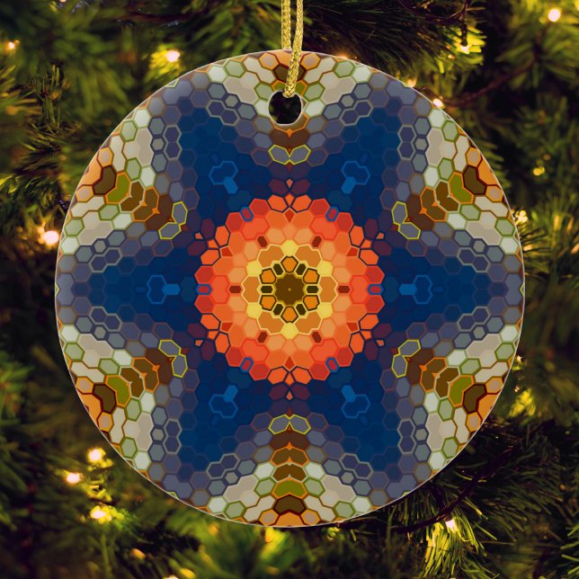 Hex Mandala Blue Orange and Red Ceramic Tree Decoration (Blue Orange and Red Hexagon Mandala Christmas Ornament from Wormhole Orbital)