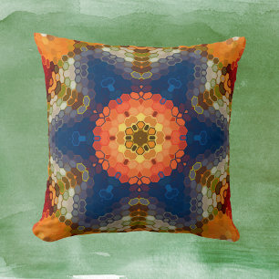 Hex Mandala Blue Orange and Red Cushion