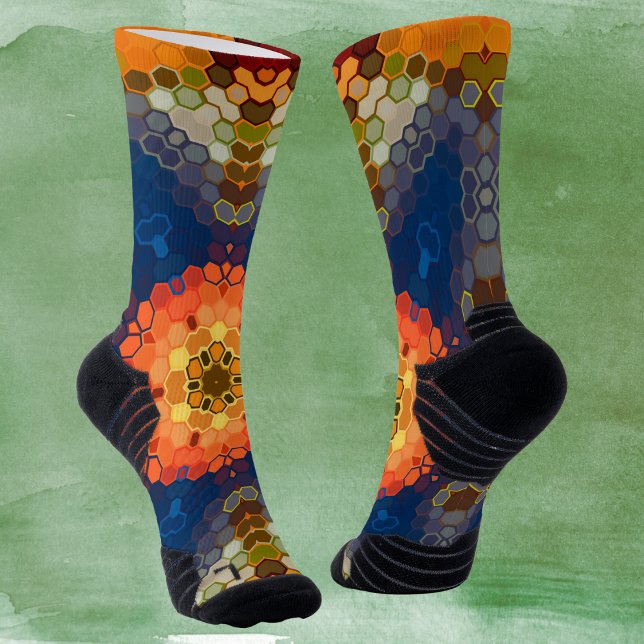 Hex Mandala Blue Orange and Red Socks (Blue Orange and Red Hexagon Mandala Socks by Wormhole Orbital)