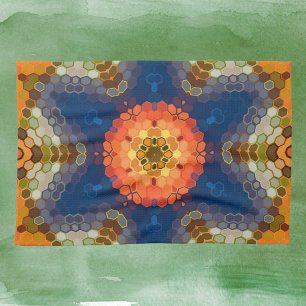 Hex Mandala Blue Orange and Red Tea Towel