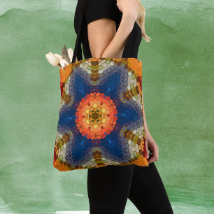 Hex Mandala Blue Orange and Red Tote Bag