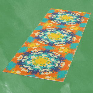 Hex Mandala Blue Orange and Yellow Yoga Mat