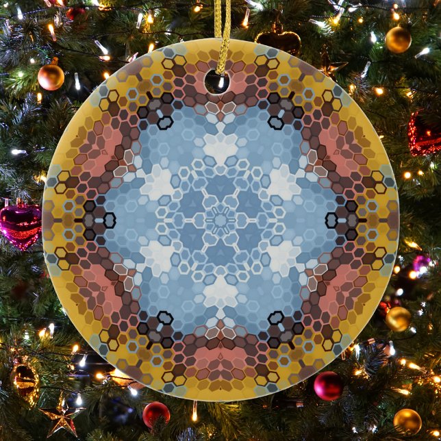 Hex Mandala Blue Yellow and Pink Ceramic Tree Decoration (Blue Yellow and Pink Hexagon Mandala Christmas Ornament from Wormhole Orbital)