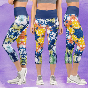 Hex Mandala Blue Yellow Orange and Green Capri Leggings