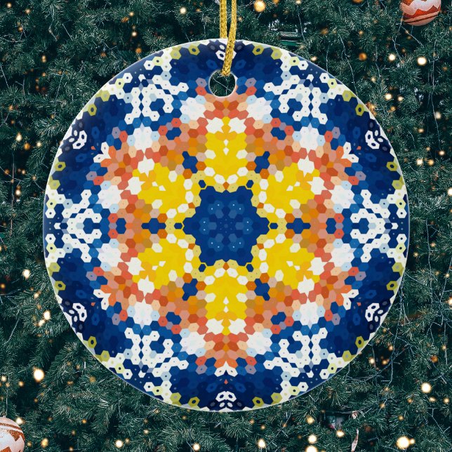 Hex Mandala Blue Yellow Orange and Green Ceramic Tree Decoration (Blue Yellow Orange and White Hexagon Mandala Ornament by Wormhole Orbital)