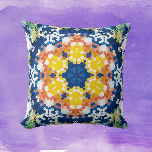 Hex Mandala Blue Yellow Orange and Green Cushion