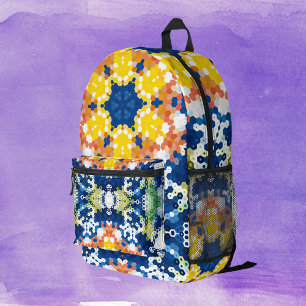 Hex Mandala Blue Yellow Orange and Green Printed Backpack