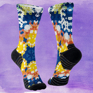 Hex Mandala Blue Yellow Orange and Green Socks