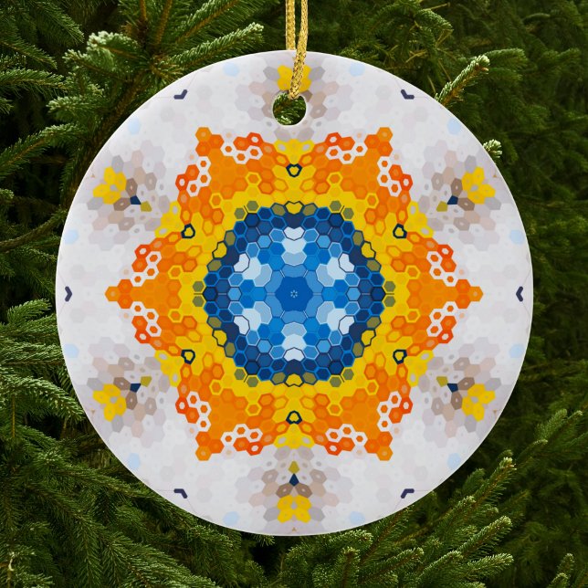 Hex Mandala Blue Yellow Orange and White Ceramic Tree Decoration (Blue Yellow Orange and White Hexagon Mandala Christmas Ornament from Wormhole Orbital)