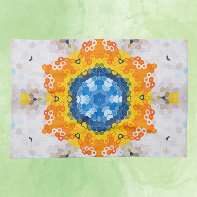 Hex Mandala Blue Yellow Orange and White Tea Towel (Creator Uploaded)