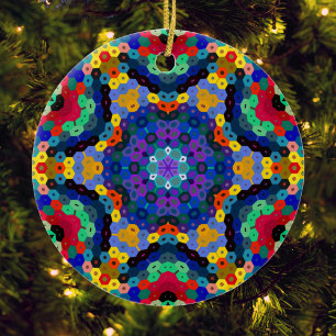 Hex Mandala Blue Yellow Red and Green Ceramic Tree Decoration