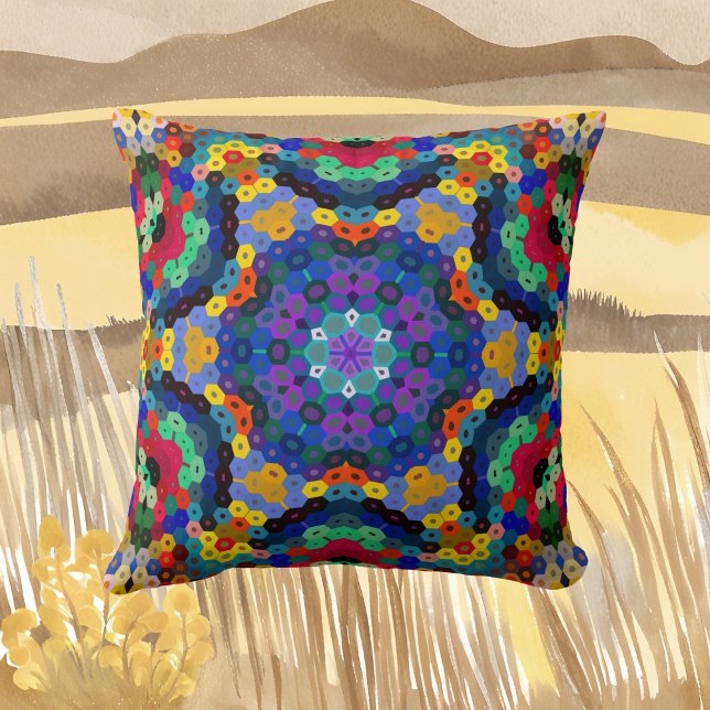 Hex Mandala Blue Yellow Red and Green Cushion (Creator Uploaded)