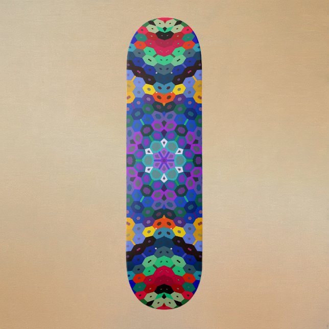 Hex Mandala Blue Yellow Red and Green Skateboard (Blue Yellow Red and Green Hexagon Mandala Skateboard by Wormhole Orbital)