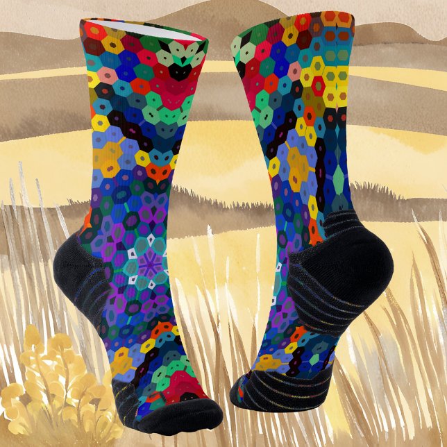 Hex Mandala Blue Yellow Red and Green Socks (Creator Uploaded)