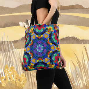 Hex Mandala Blue Yellow Red and Green Tote Bag