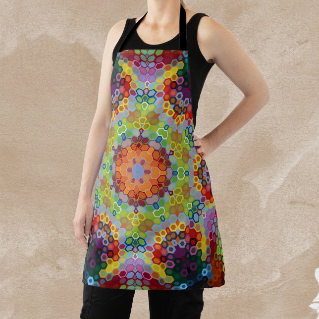 Hex Mandala Green Pink and Orange Apron (Green Pink and Orange Hexagon Mandala Apron by Wormhole Orbital)