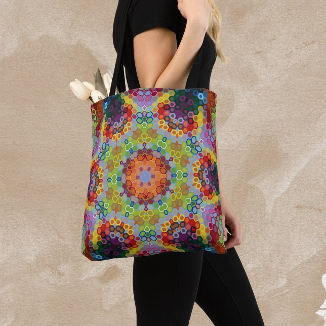 Hex Mandala Green Pink and Orange Tote Bag (Green Pink and Orange Hexagon Mandala Tote Bag by Wormhole Orbital)