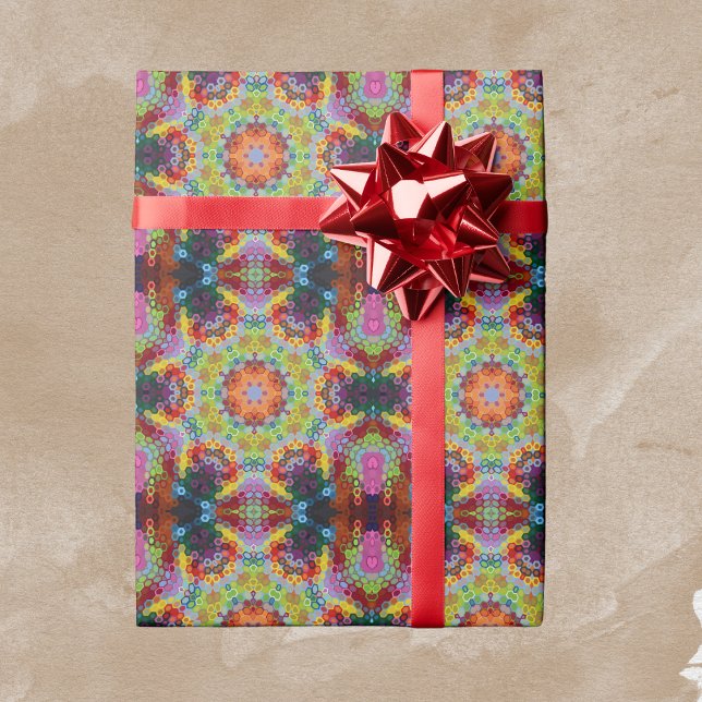 Hex Mandala Green Pink and Orange Wrapping Paper (Green Pink and Orange Hexagon Mandala Wrapping Paper by Wormhole Orbital)