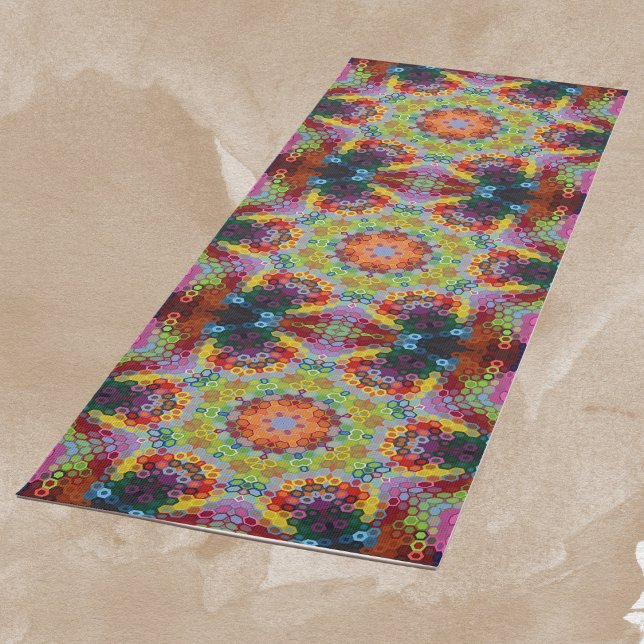 Hex Mandala Green Pink and Orange Yoga Mat (Green Pink and Orange Hexagon Mandala Yoga Mat by Wormhole Orbital)