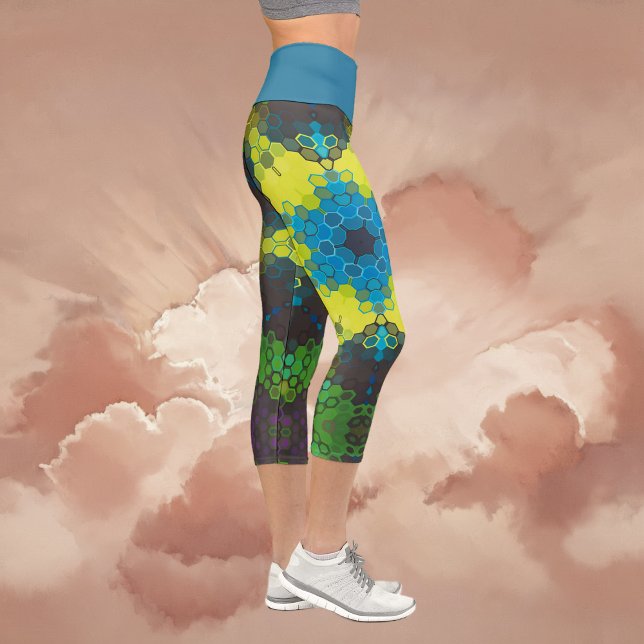 Hex Mandala Green Yellow and Blue Capri Leggings (Green and Blue Hexagon Mandala Capri Leggings By Wormhole Orbital)