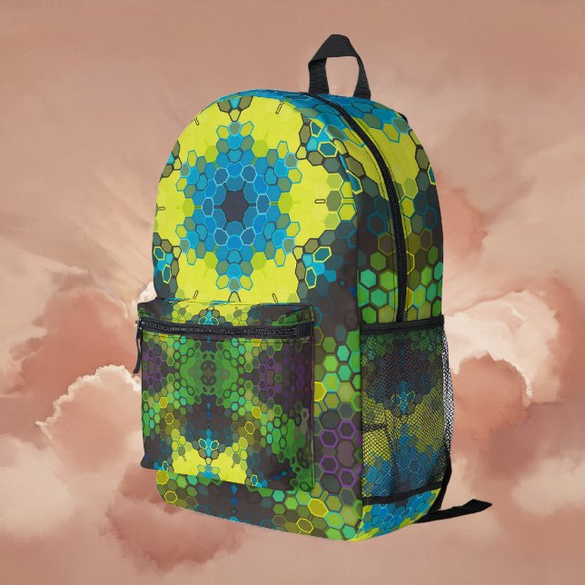 Hex Mandala Green Yellow and Blue Printed Backpack (Green and Blue Hexagon Mandala Backpack By Wormhole Orbital)