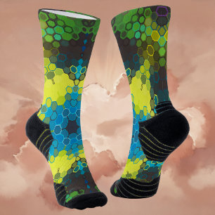 Hex Mandala Green Yellow and Blue Socks