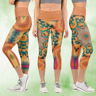 Hex Mandala Orange and Blue Capri Leggings
