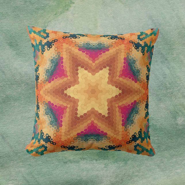 Hex Mandala Orange Blue and Pink Cushion (Orange Blue and Pink Hexagon Mandala Throw Pillow by Wormhole Orbital)