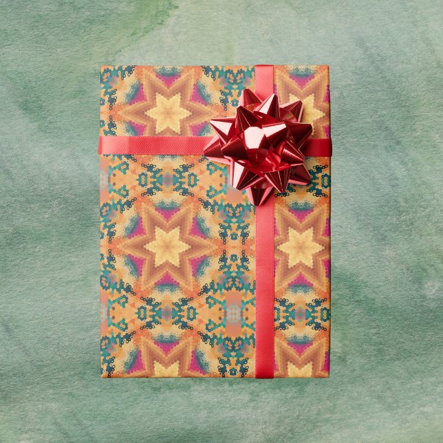 Hex Mandala Orange Blue and Pink Wrapping Paper (Orange Blue and Pink Hexagon Mandala Wrapping Paper by Wormhole Orbital)