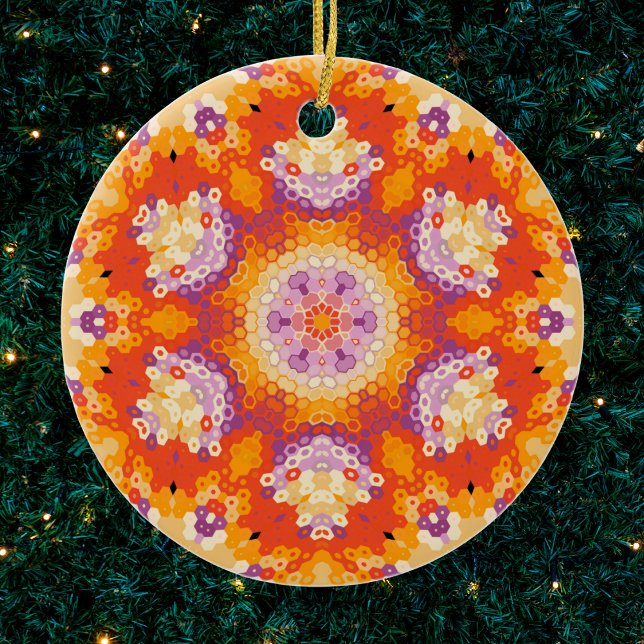 Hex Mandala Orange Purple and White Ceramic Tree Decoration (Orange Purple and White Hexagon Mandala Ornament by Wormhole Orbital)