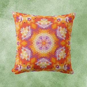 Hex Mandala Orange Purple and White Cushion