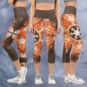 Hex Mandala Orange White and Brown Capri Leggings