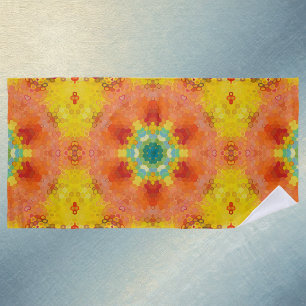 Hex Mandala Orange Yellow Red and Blue Beach Towel