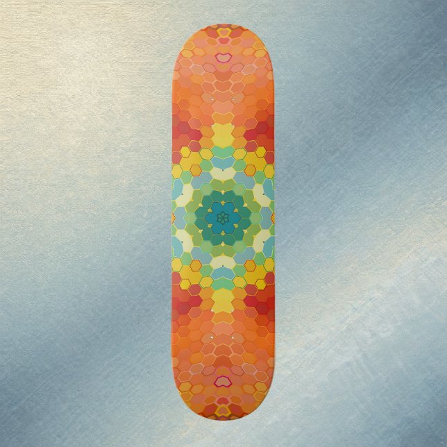 Hex Mandala Orange Yellow Red and Blue Skateboard (Orange Yellow Red and Blue Hexagon Mandala Skate Board by Wormhole Orbital)