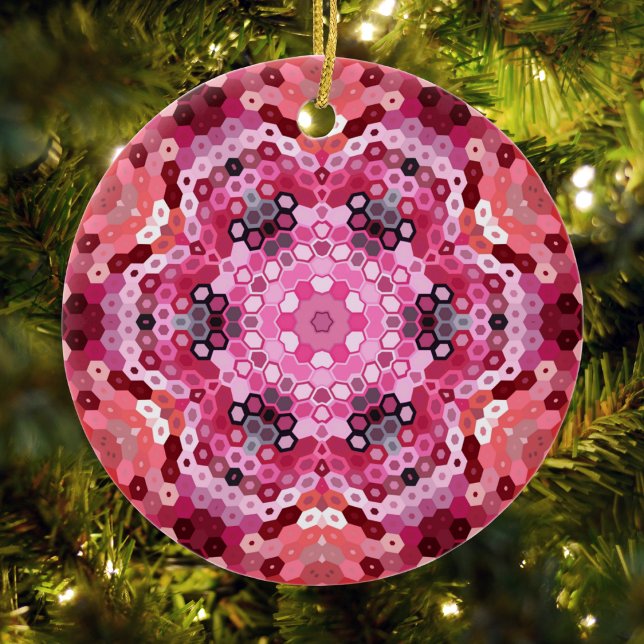 Hex Mandala Pink Red and White Ceramic Tree Decoration (Pink Red and White Hexagon Mandala Christmas Ornament from Wormhole Orbital)