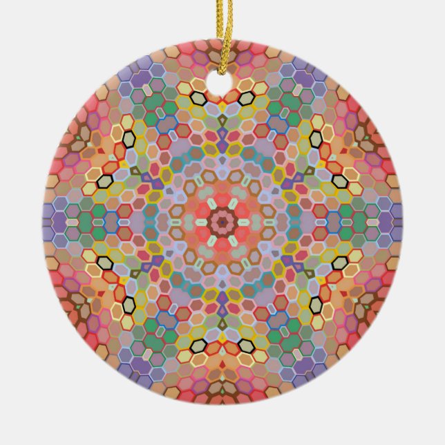 Hex Mandala Rainbow Ceramic Tree Decoration (Front)
