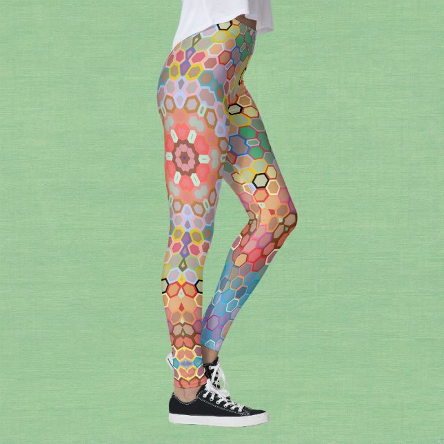 Hex Mandala Rainbow Leggings (Rainbow Hexagon Mandala Leggings by Wormhole Orbital)
