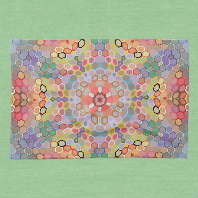 Hex Mandala Rainbow Tea Towel (Rainbow Hexagon Mandala Kitchen Towel by Wormhole Orbital)