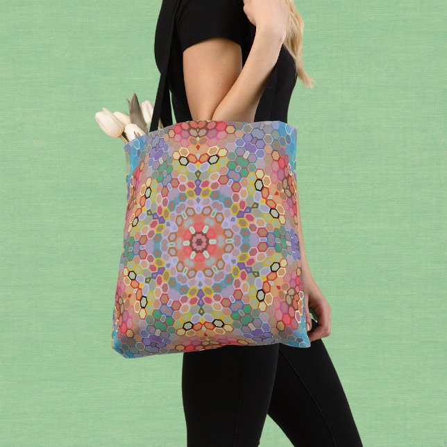 Hex Mandala Rainbow Tote Bag (Rainbow Hexagon Mandala Tote Bag by Wormhole Orbital)