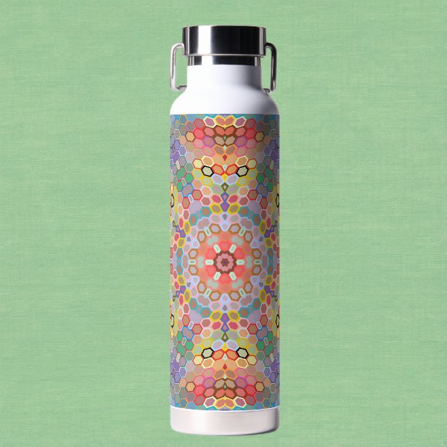 Hex Mandala Rainbow Water Bottle (Rainbow Hexagon Mandala Water Bottle by Wormhole Orbital)