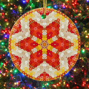 Hex Mandala Red and Yellow Ceramic Tree Decoration